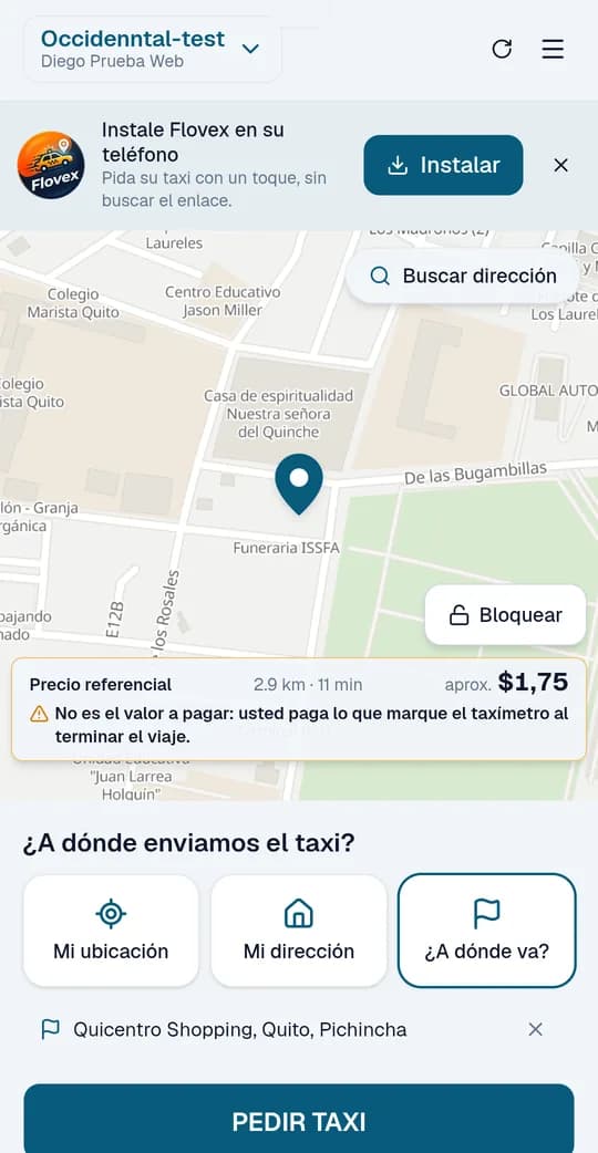 Web de Flovex para pasajeros: mapa con la dirección, precio referencial y botón Pedir taxi